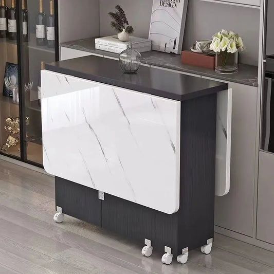 Retractable Rectangular Folding Dining Table with Movable Wheels for Small Apartments