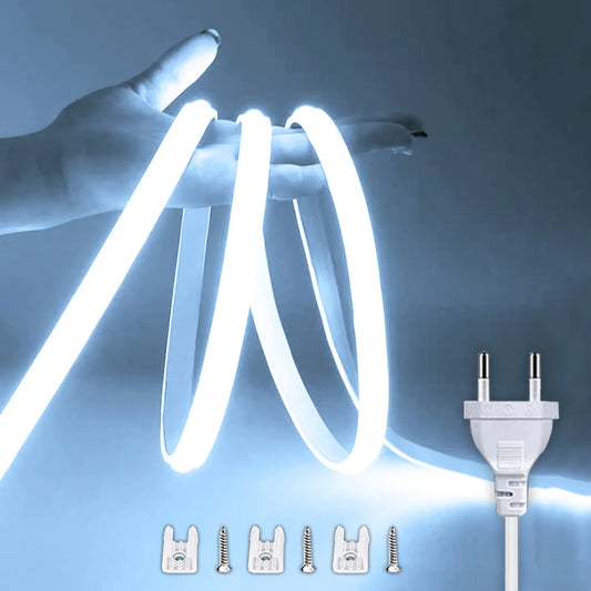 220V Waterproof COB LED Strip with ON/OFF Switch - Flexible Ribbon for Indoor and Outdoor Lighting in Rooms, Bedrooms, Kitchens, and Gardens