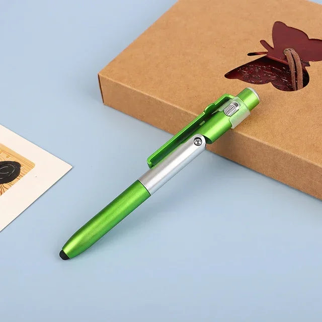 Multi-Function 4-in-1 Foldable Ballpoint Pen with Capacitive Stylus, Flashlight, and Mobile Phone Holder