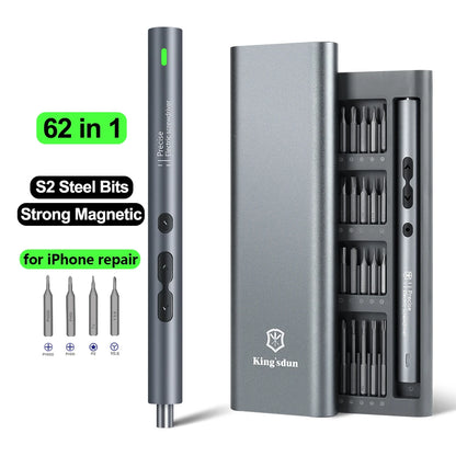 62-Piece 6-in-1 Electric Screwdriver Set - Precision Handle Portable Power Tool Kit for Wireless Cordless Small Bits Ideal for Phone and Watch Repair