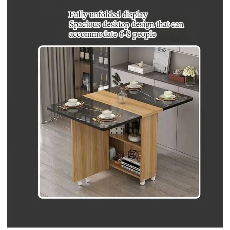 Retractable Rectangular Folding Dining Table with Movable Wheels for Small Apartments