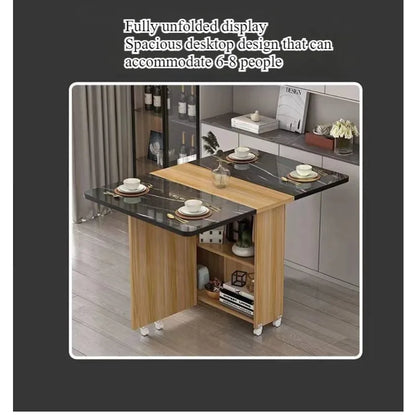 Retractable Rectangular Folding Dining Table with Movable Wheels for Small Apartments