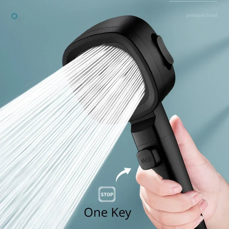 High-Pressure Water-Saving Shower Head with 3 Adjustable Modes and One-Key Stop Feature - Bathroom Accessory