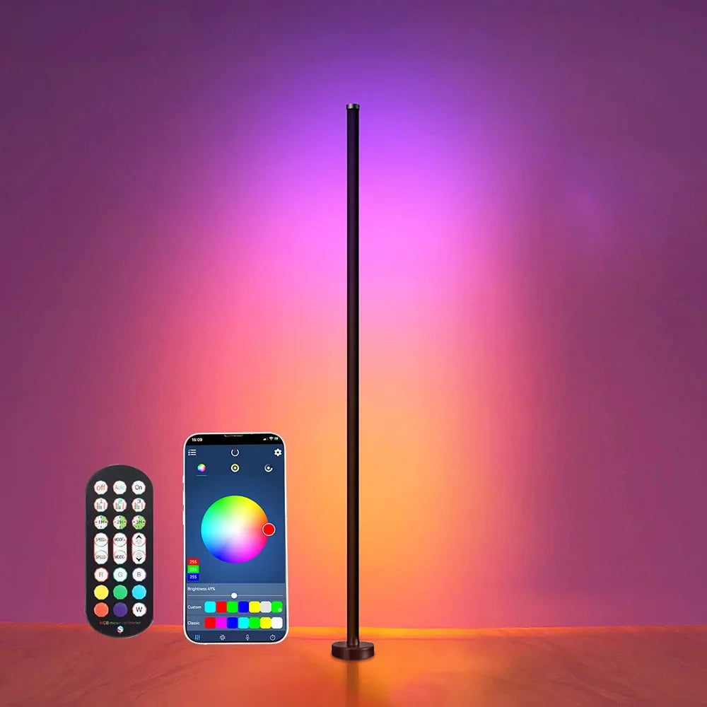 Smart RGB LED Floor Lamp with Remote and App Control, Music Sync, Timer Feature - Modern Mood Lighting for Living Room and Gaming Spaces