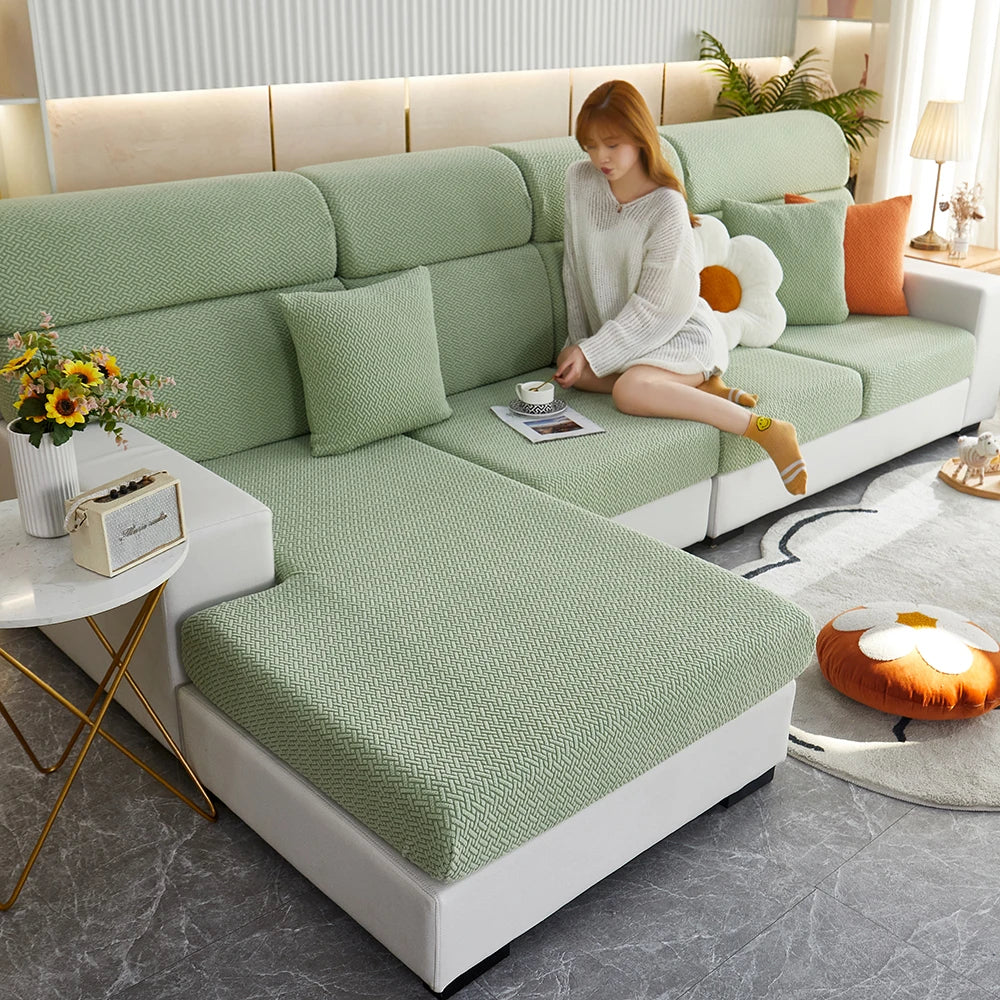 Jacquard Twill Pattern Elastic Sofa Slipcover - Single Piece Furniture Protector for Living Room, Bedroom, and Office Decor