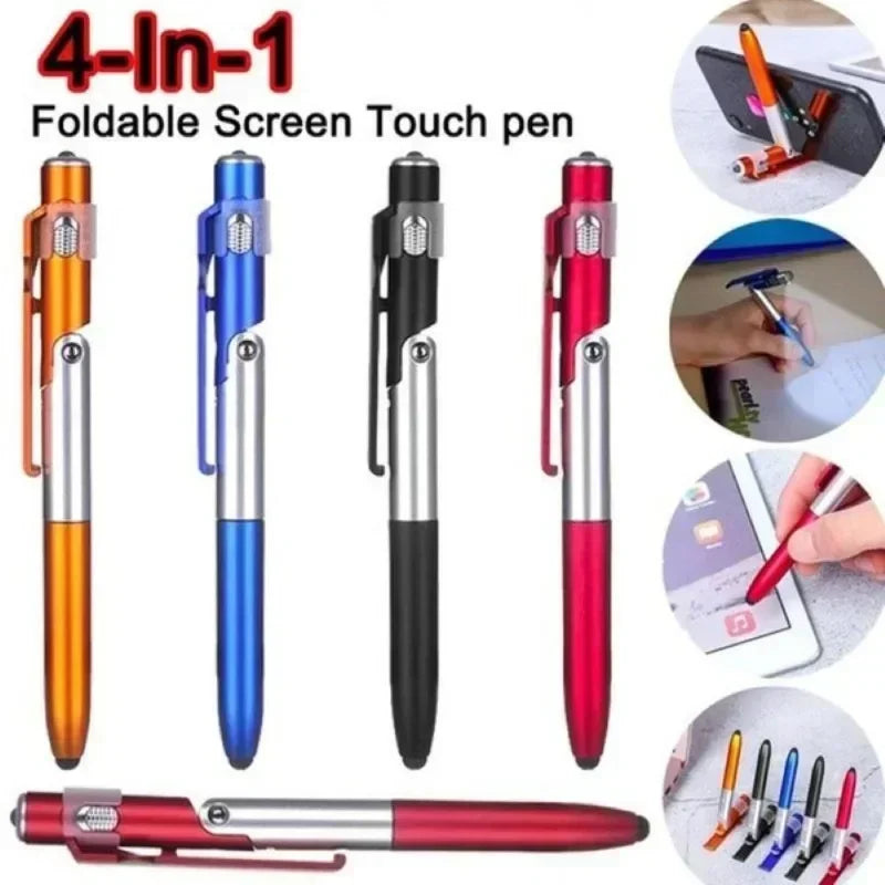 Multi-Function 4-in-1 Foldable Ballpoint Pen with Capacitive Stylus, Flashlight, and Mobile Phone Holder