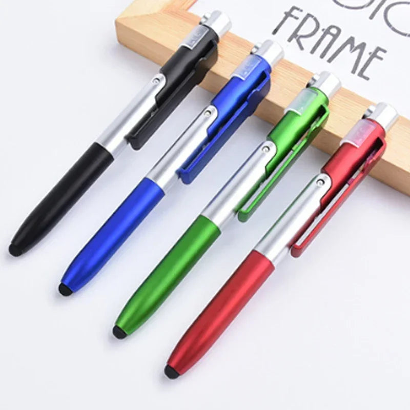 Multi-Function 4-in-1 Foldable Ballpoint Pen with Capacitive Stylus, Flashlight, and Mobile Phone Holder