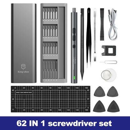 62-Piece 6-in-1 Electric Screwdriver Set - Precision Handle Portable Power Tool Kit for Wireless Cordless Small Bits Ideal for Phone and Watch Repair