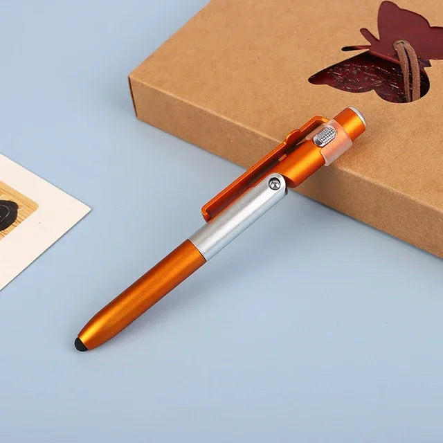 Multi-Function 4-in-1 Foldable Ballpoint Pen with Capacitive Stylus, Flashlight, and Mobile Phone Holder