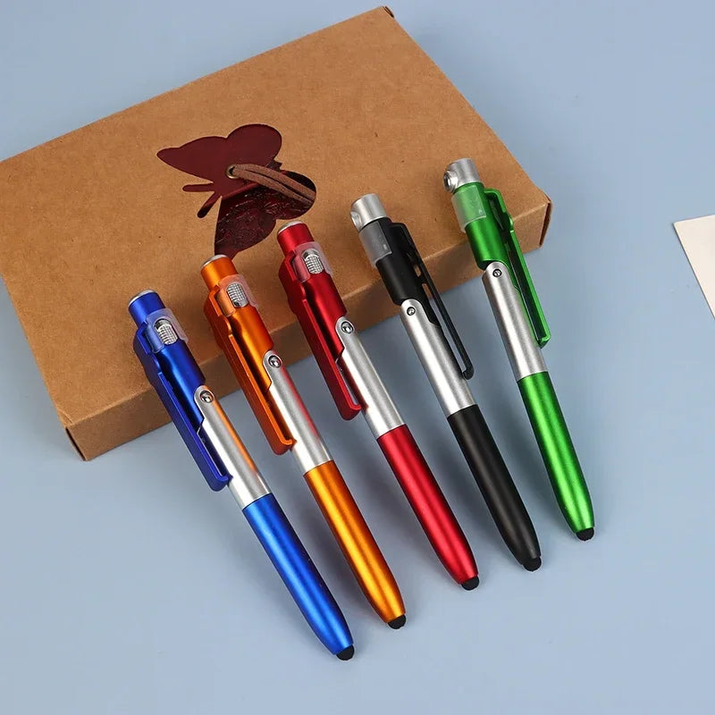 Multi-Function 4-in-1 Foldable Ballpoint Pen with Capacitive Stylus, Flashlight, and Mobile Phone Holder