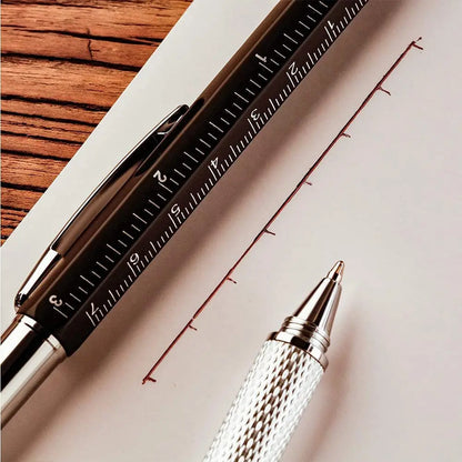 7-in-1 Multifunctional Ballpoint Pen with Integrated Measuring Tool, Technical Ruler, Screwdriver, Touchscreen Stylus, and Spirit Level