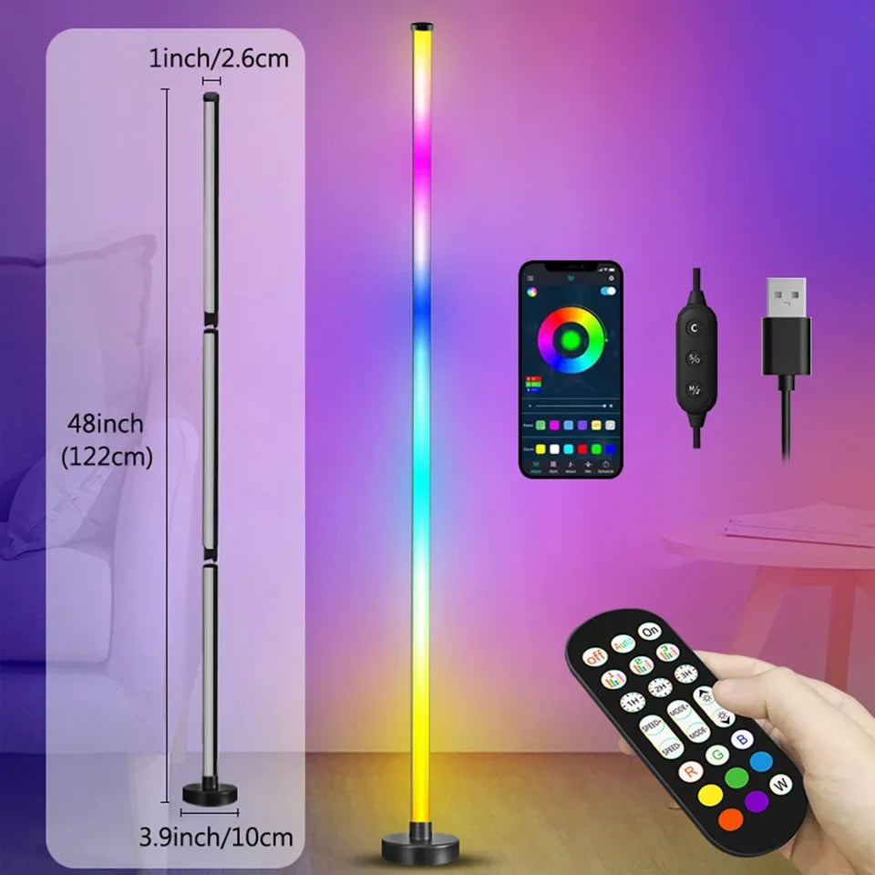 Smart RGB LED Floor Lamp with Remote and App Control, Music Sync, Timer Feature - Modern Mood Lighting for Living Room and Gaming Spaces