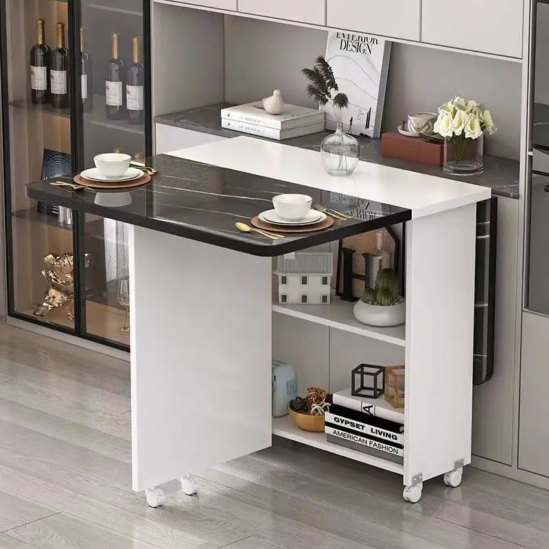 Retractable Rectangular Folding Dining Table with Movable Wheels for Small Apartments