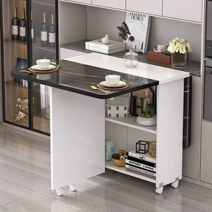 Retractable Rectangular Folding Dining Table with Movable Wheels for Small Apartments