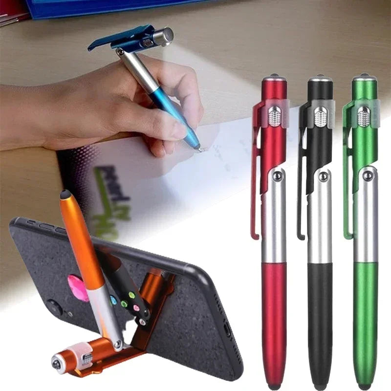 Multi-Function 4-in-1 Foldable Ballpoint Pen with Capacitive Stylus, Flashlight, and Mobile Phone Holder