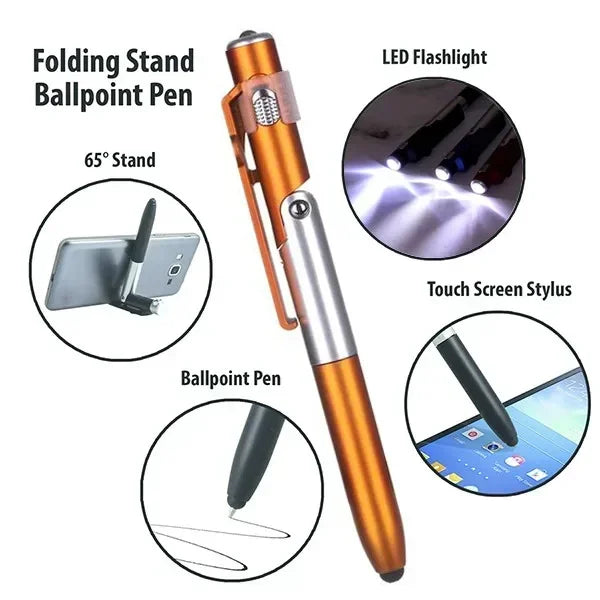 Multi-Function 4-in-1 Foldable Ballpoint Pen with Capacitive Stylus, Flashlight, and Mobile Phone Holder