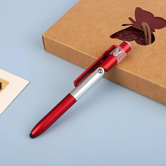 Multi-Function 4-in-1 Foldable Ballpoint Pen with Capacitive Stylus, Flashlight, and Mobile Phone Holder