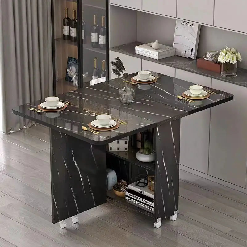 Retractable Rectangular Folding Dining Table with Movable Wheels for Small Apartments