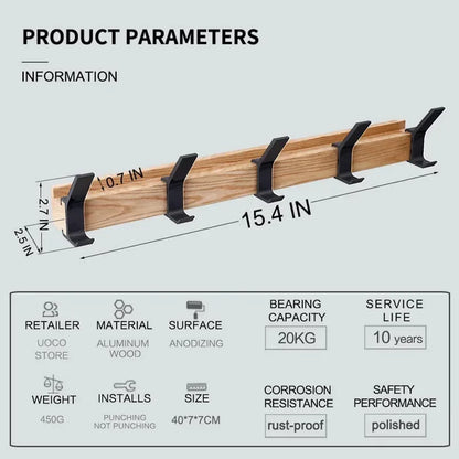 Nordic Wall-Mounted Coat Rack with Adjustable 5 Hooks - Aluminum Clothing Rail for Hats, Towels, and Robes - Wooden Hanger Perchero Furniture