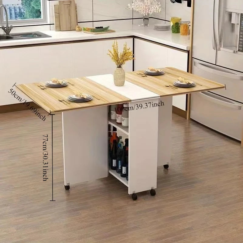 Retractable Rectangular Folding Dining Table with Movable Wheels for Small Apartments