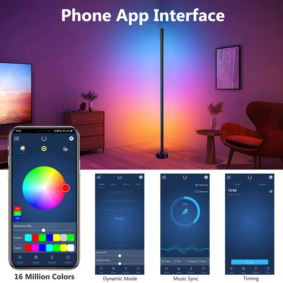 Smart RGB LED Floor Lamp with Remote and App Control, Music Sync, Timer Feature - Modern Mood Lighting for Living Room and Gaming Spaces