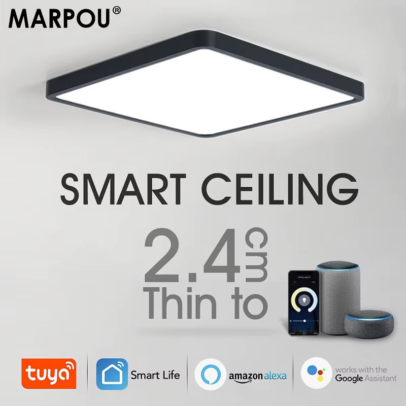 Smart LED Ceiling Lamp with Wood Grain Finish - App and Voice Control Compatible with Alexa/Google - Square Design for Living Room