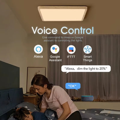 Smart LED Ceiling Lamp with Wood Grain Finish - App and Voice Control Compatible with Alexa/Google - Square Design for Living Room